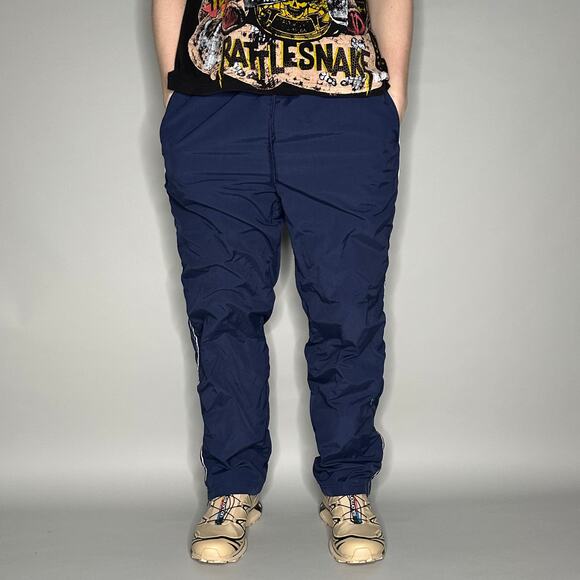 Vintage 90s Reebok Track Pants Mens L Baggy Wide Navy Blue White Sweatpants - Picture 2 of 4